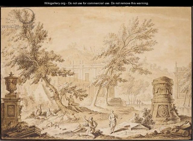 Arcadian Landscape With Buildings, Classical Ruins And Figures Conversing - Abraham Rademaker