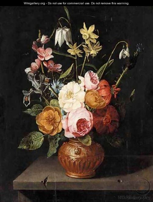 A Still Life Of Roses, Lilies, Irises, Narcissi And Snake-Head Fritillaries, In An Urn, Upon A Stone Ledge - (after) Clara Peeters