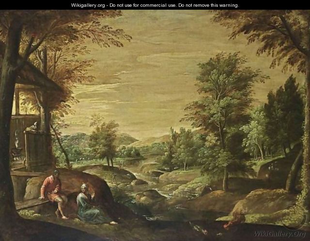 A Wooded River Landscape With A Couple Conversing In The Foreground Together With Chickens, Huntsmen In The Background - Paolo Fiammingo
