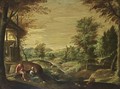 A Wooded River Landscape With A Couple Conversing In The Foreground Together With Chickens, Huntsmen In The Background - Paolo Fiammingo