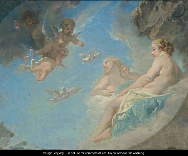 Reclining Nudes On Clouds Together With Putti - (after) Francois Boucher
