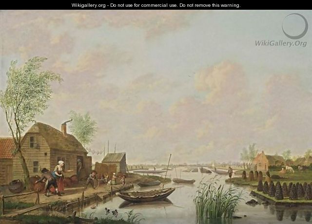 A Canal Landscape With A Peasant Family Outside Their Cottage And Piles Of Peat Along The River Bank, With Peat-Grounds Beyond - Hendrick Willelm Schweickhardt