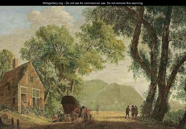 A Wooded Landscape With Travellers With Their Wagon Resting Near A Tavern - Pieter Jan Van Liender