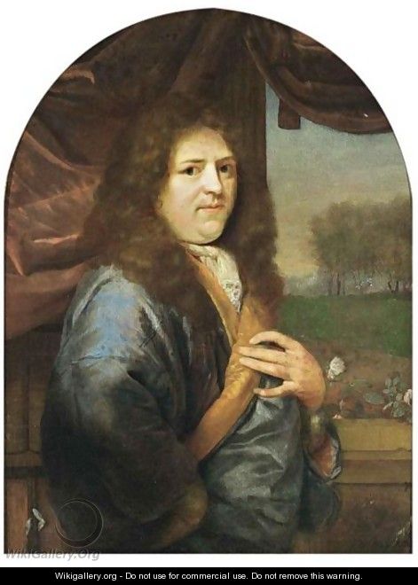 A Portrait Of A Gentleman, Standing Half-Length, Wearing A Blue Orange-Lined Satin Overcoat With White Lace Chemise, In Front Of A Stone Balustrade With A Curtain, A Park Landscape Beyond - Godfried Schalcken