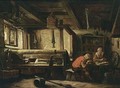 A Weaver's Workshop With A Couple Eating At A Table - Cornelius Decker