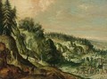 A Rocky Landscape With Travellers On A Path And A Village In A Valley - Frederik Valckenborch