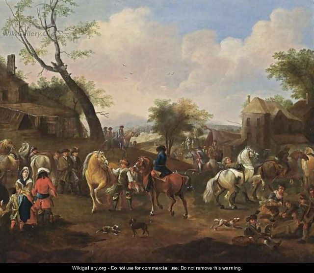 Horsemen Together With Other Horses And Soldiers In A Village, Children Playing In The Foreground - (after) Jan Van Huchtenburgh