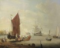 A Dutch Harbour Scene With A Smalschip, A Yacht, A Boeier, A Cargo Vessel, Rowing Boats And Other Vessels, Together With Figures Swimming And An Elegant Company On The Shore Near A Village - Dutch School