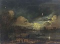 A Moonlit River Landscape With Fishermen Repairing Their Nets And Three Men In A Rowing Boat - Aert van der Neer