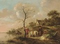 A Wooded Landscape With Travellers Watering Their Horses Near A River, Figures Swimming And A Horseman On A Path Near A Farm - Claes Molenaar (see Molenaer)