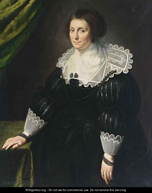 A Portrait Of A Lady, Seated Three-Quarter Length, Wearing A Black Dress With A Composite White Collar And Cuffs, A Black Headdress And Pearl Jewellery - Paulus Moreelse