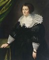 A Portrait Of A Lady, Seated Three-Quarter Length, Wearing A Black Dress With A Composite White Collar And Cuffs, A Black Headdress And Pearl Jewellery - Paulus Moreelse