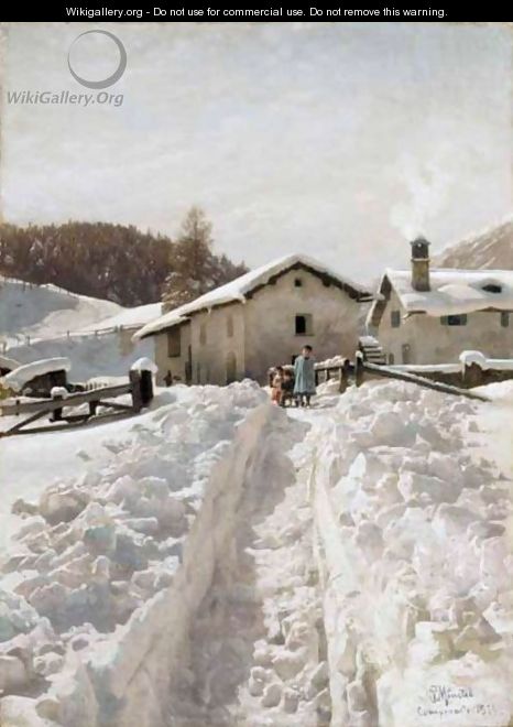 Winter Landscape With Children Sledging - Peder Monsted