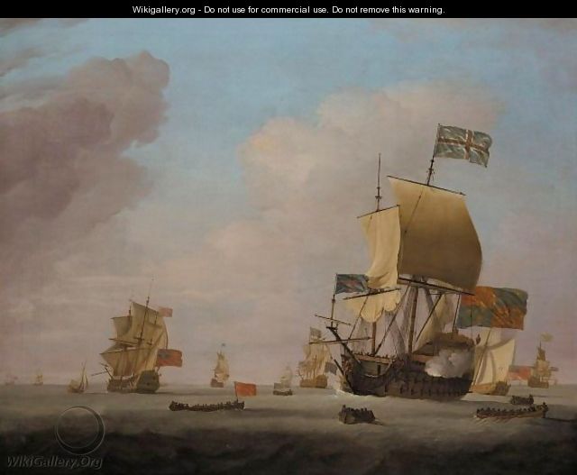 The Albemarle 80-90 Guns-Flagship Of Admiral Of The Fleet Sir John Leake, Kt. The English Fleet Coming To Anchor In The Bay Of Barcelona, 15th May 1708 - Peter Monamy