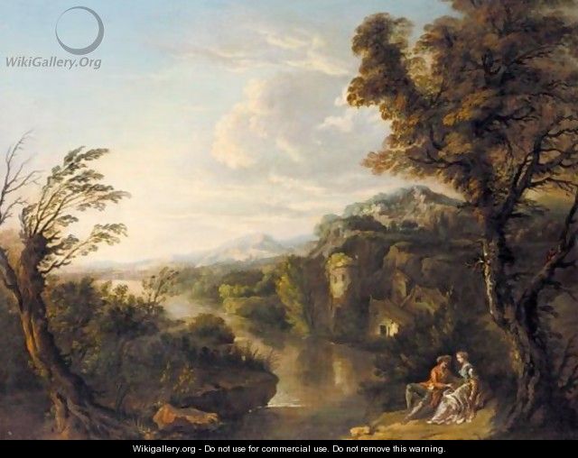 Lovers Reclining Under A Tree In An Extensive River Landscape - (after) George Barret