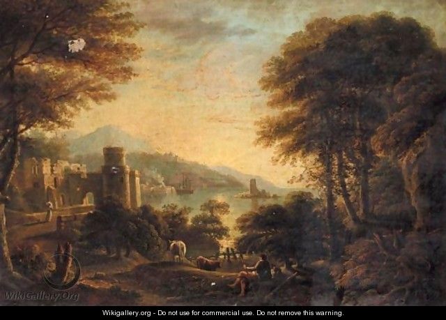 An Extensive Italianate Landscape With A Herdsman Resting In The Foreground And An Harbour Beyond - (after) Coplestone Warre Bampfylde