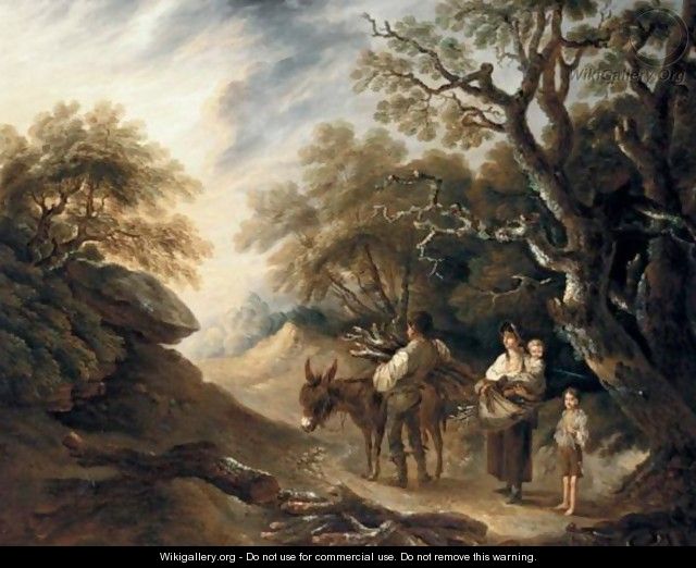 A Wood Gatherer And His Family Loading A Donkey In An Extensive Landscape - Thomas Barker of Bath