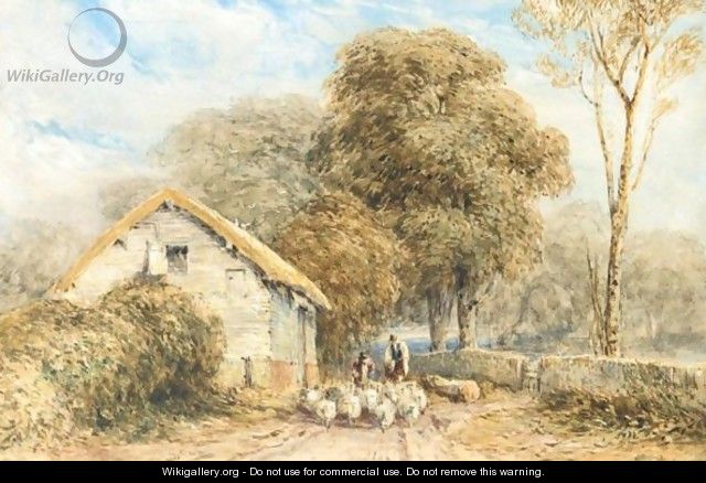 A Shepherd And Sheep By A Barn On A Country Road - David Cox