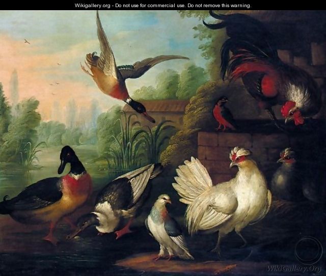 A Still Life With Chickens, Ducks, A Kingfisher And A Pigeon In A River Landscape - (after) Pieter Casteels III