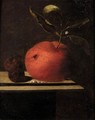 A Still Life Of An Orange And Two Medlars Upon A Ledge - Marten Nellius