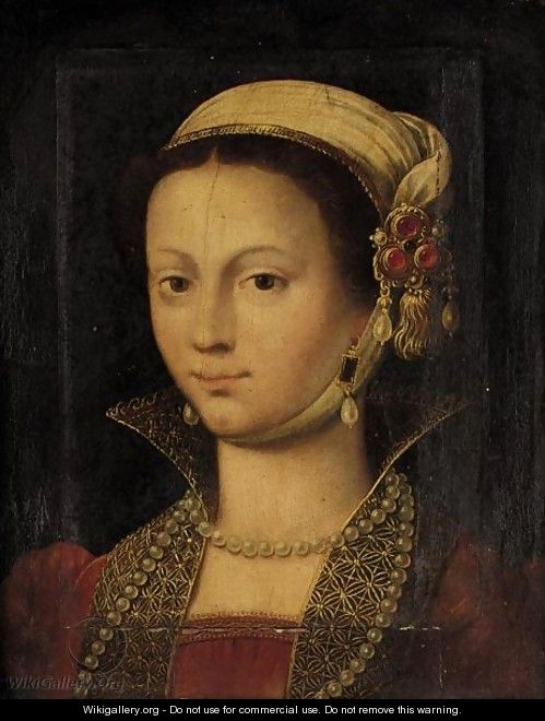 A Portrait Of A Lady, Head And Shoulders, Wearing A Red And Gold Embroidered Dress And A Headdress - French School