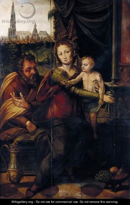 The Holy Family With A View Of Antwerp Cathedral Beyond, Seen From The South - Antwerp School