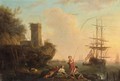 A Mediterranean Coastal Scene With Figures Fishing, A Dutch Ship At Anchor Beyond - (after) Claude-Joseph Vernet