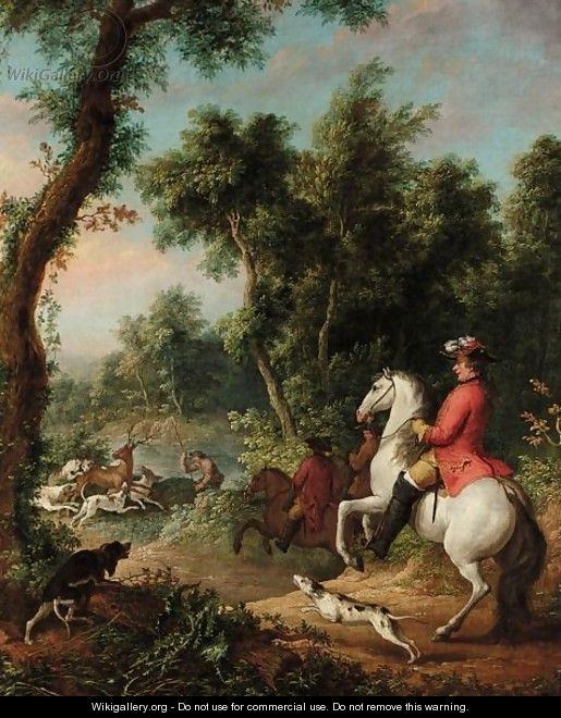 A Wooded Landscape With Three Gentleman On Horses Hunting Down A Stag With Their Dogs - (after) Jean-Baptiste Oudry