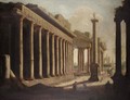 An Architectural Capriccio With Figures Amongst Ruins With The Anthonine Column - (after) Ascanio Luciano