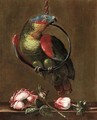 A Parrot Resting On A Ring With A Still Life Of Three Roses - French School