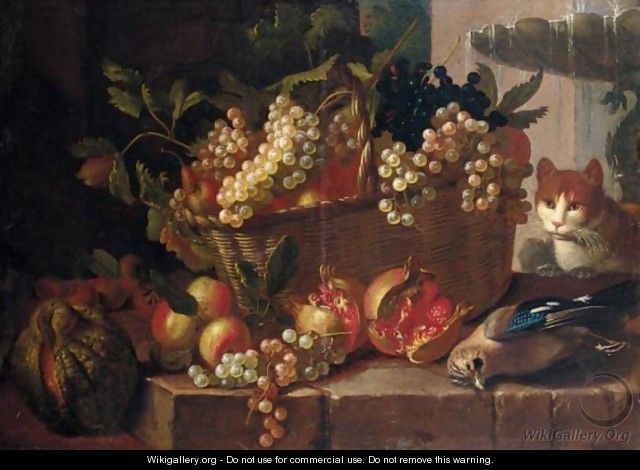 A Still Life Of Grapes Pears, And Other Fruits In A Basket, With A Cat Nearby - North-Italian School