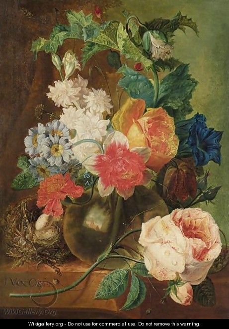 A Still Life With Roses And Other Flowers In A Glass Vase, Together With A Bird