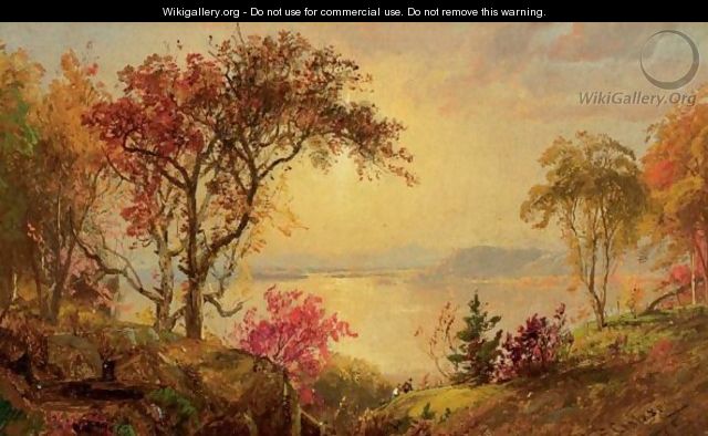 Lake Scene With Hikers In Vale - Jasper Francis Cropsey