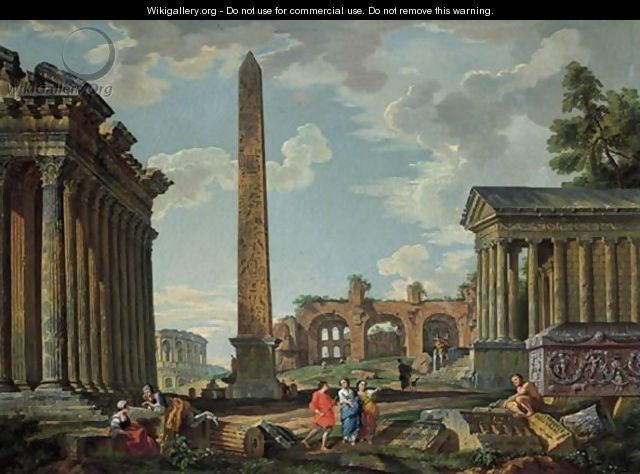 Veduta Ideata, Con Obelisco, Il Tempio Di Adriano E Quello Della Fortuna Virile - Giovanni Paolo Panini