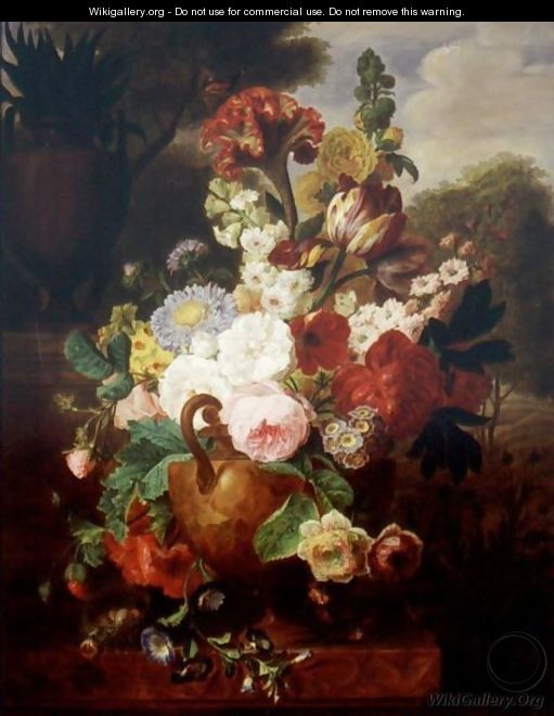 Still Life Of Flowers In An Urn Resting On A Marble Ledge With A Bird