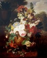 Still Life Of Flowers In An Urn Resting On A Marble Ledge With A Bird's Nest, A Landscape Beyond - Cornelis van Spaendonck
