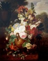 Still Life Of Flowers In An Urn Resting On A Marble Ledge With A Bird