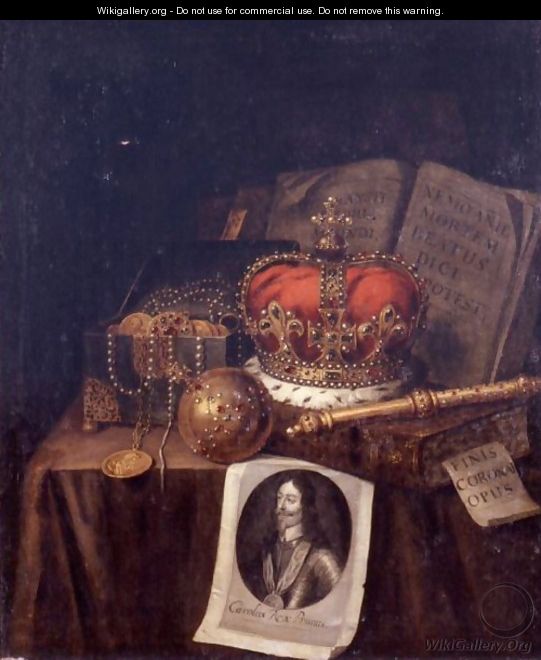 A Vanitas Still Life Of A Crown, An Orb, A Sceptre, A Casket Of Coins And Jewels, Together With Books And An Engraving Of Charles I Of England, All Arranged On A Draped Table - Edwart Collier