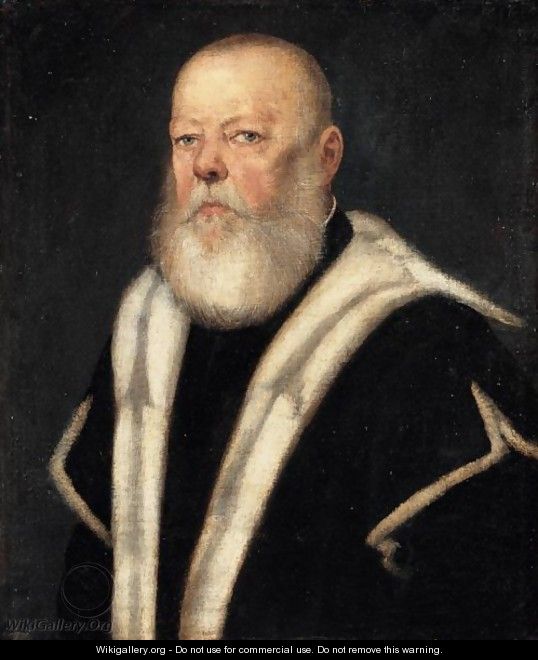 Portrait Of A Bearded Gentleman, Head And Shoulders, Wearing An Ermine-Lined Black Coat - Jacopo Tintoretto (Robusti)