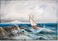 A boat caught in strormy waters near the shore - Alexandre Calame