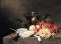 A Still Life Of Crabs, Oysters, Apricots, A Roemer, And A Pipe, All Upon A Stone Ledge - Theodoor Smits