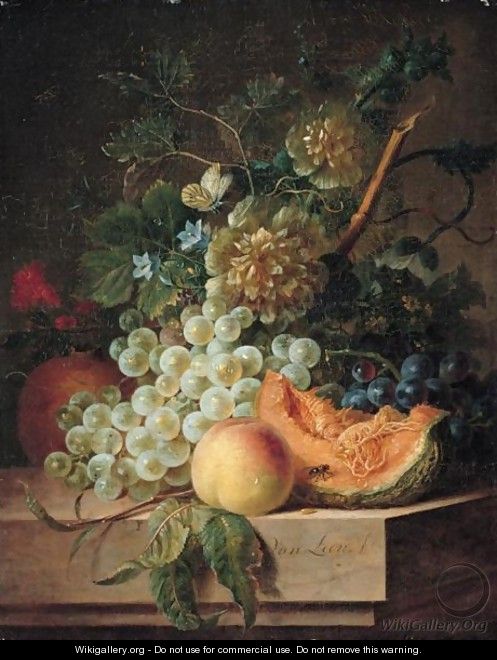 Still Life Of Grapes, Peaches, Melon, Flowers And Vines Arranged Upon A Table Top, Together With A Cabbage White Butterfly And A Fly - Willem van Leen