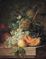 Still Life Of Grapes, Peaches, Melon, Flowers And Vines Arranged Upon A Table Top, Together With A Cabbage White Butterfly And A Fly - Willem van Leen
