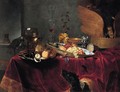 A Pronk Still Life Of Fruit And Silver, Porcelain And Glassware, All On A Table Draped With A Red Cloth, Observed By A Dog - Gerard Van Berleborch