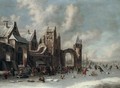 A Winter Landscape With Figures Skating On A Frozen River By A Town - Thomas Heeremans