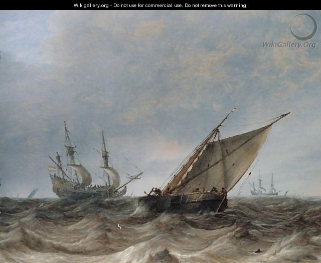 A Smalschip And A Man-Of-War In Choppy Seas, Other Sailing Vessels Beyond - Pieter the Elder Mulier