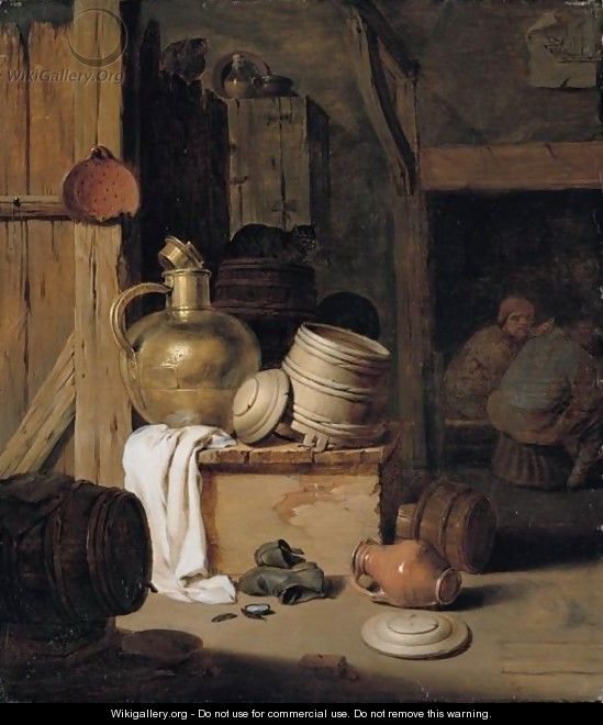 A Barn Interior With A Still Life Of Various Pots, Barrels, And Baskets With A Cat, Boors Seated Beyond - Hendrick Maertensz. Sorch (see Sorgh)