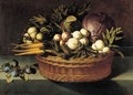 A Still Life With Onions, Peas, Beans, Turnips, Parsnips, Artichokes, Cabbages And A Marrow In A Wicker Basket With Plums On A Stone Ledge - French School