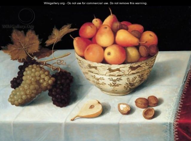 A Still Life Of Apples, Pears And Walnuts In A Porcelain Bowl Together With A Bunch Of Grapes, Walnuts And Half A Pear Resting On A Table - Peter Paul Binoit