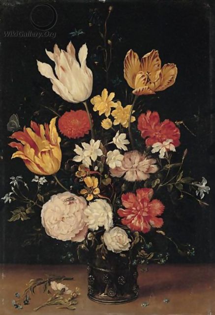 A Still Life Of Tulips, Roses, Carnations And Other Flowers In A Glass Vase - (after) Jan The Elder Brueghel